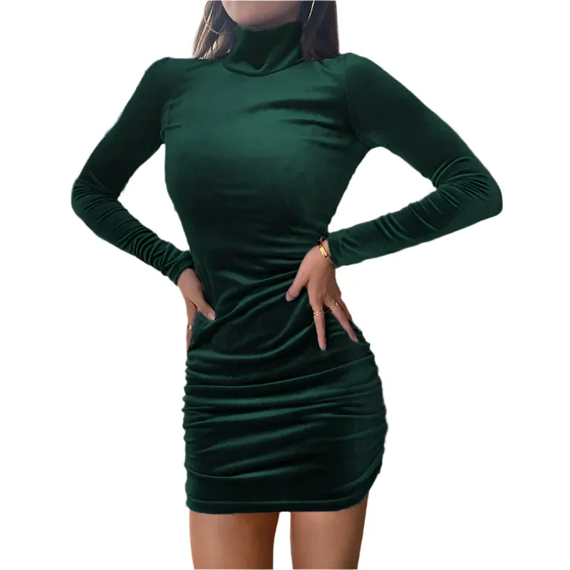 Women's Velvet Turtleneck Long Sleeve Mini Dress – Slim Fit Bodycon Autumn Party and Evening Wear
