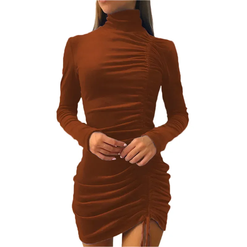 Women's Velvet Turtleneck Long Sleeve Mini Dress – Slim Fit Bodycon Autumn Party and Evening Wear