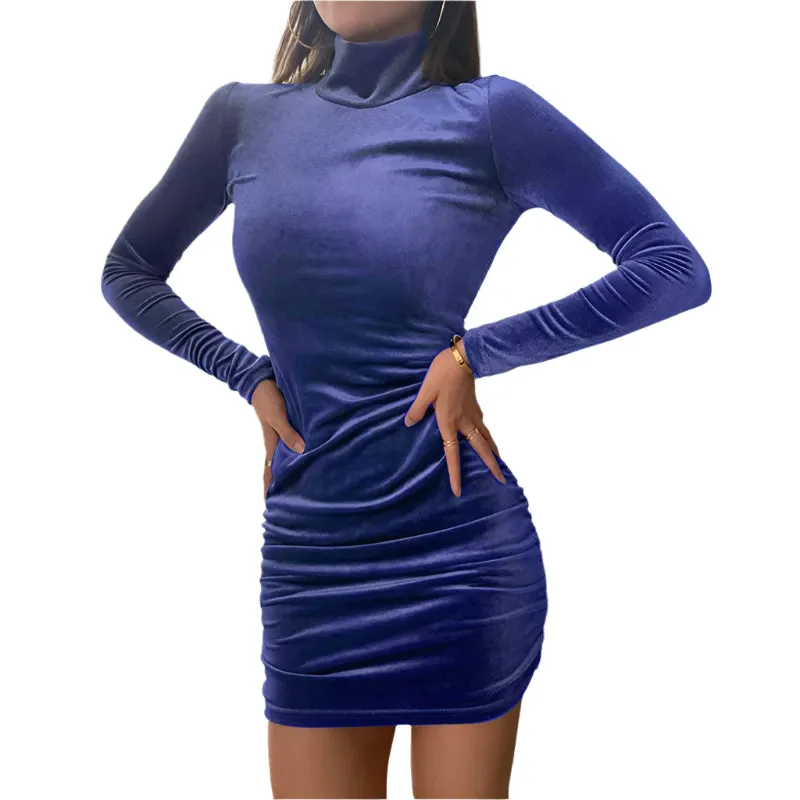 Women's Velvet Turtleneck Long Sleeve Mini Dress – Slim Fit Bodycon Autumn Party and Evening Wear