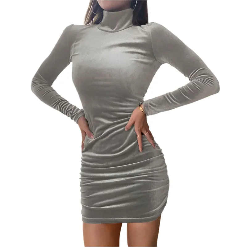 Women's Velvet Turtleneck Long Sleeve Mini Dress – Slim Fit Bodycon Autumn Party and Evening Wear