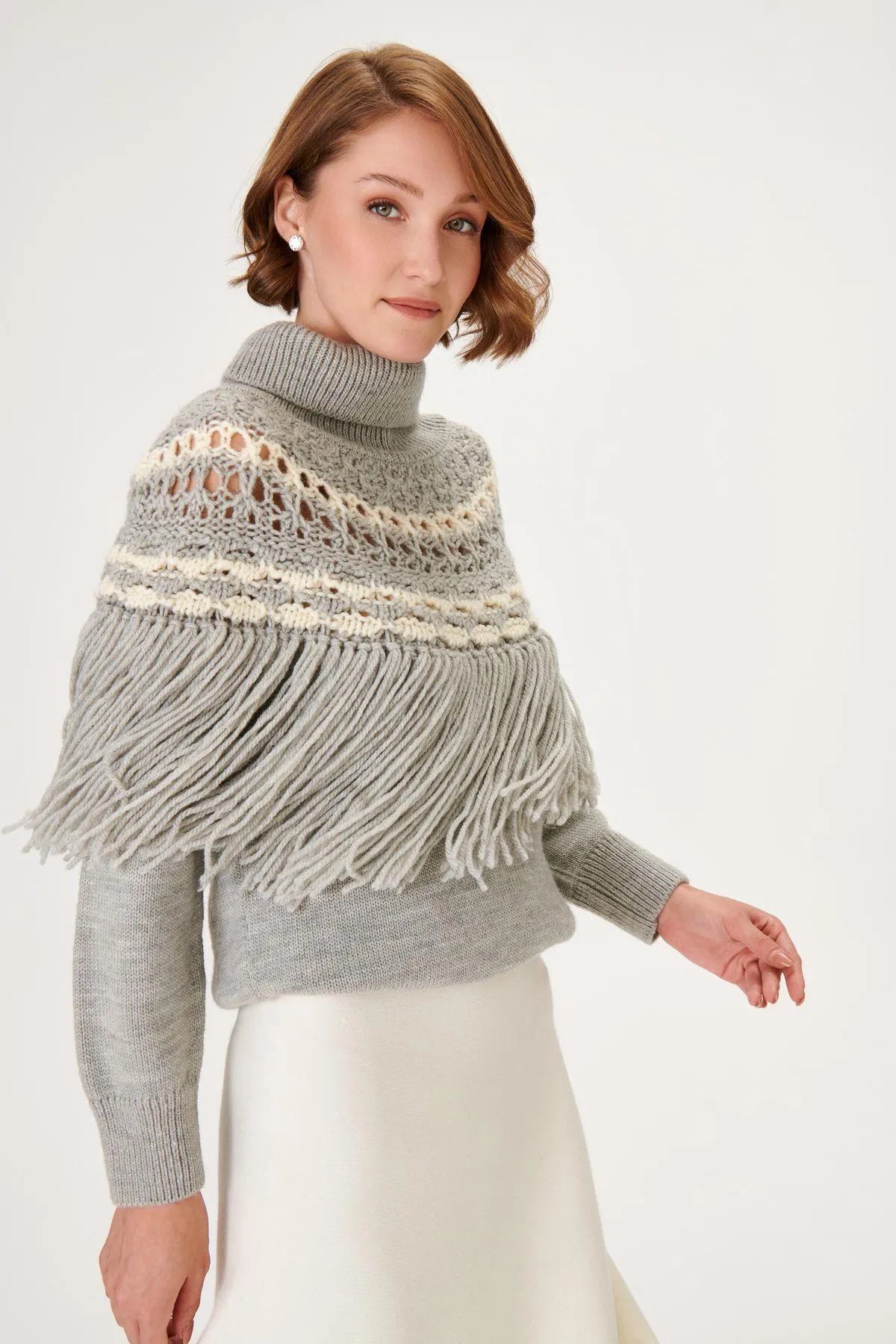 Woolen Grey Knit Sweater with Handcrafted Tassel Detail