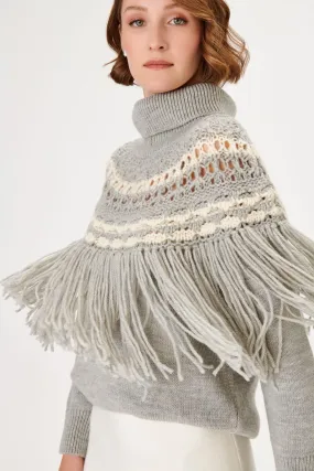 Woolen Grey Knit Sweater with Handcrafted Tassel Detail