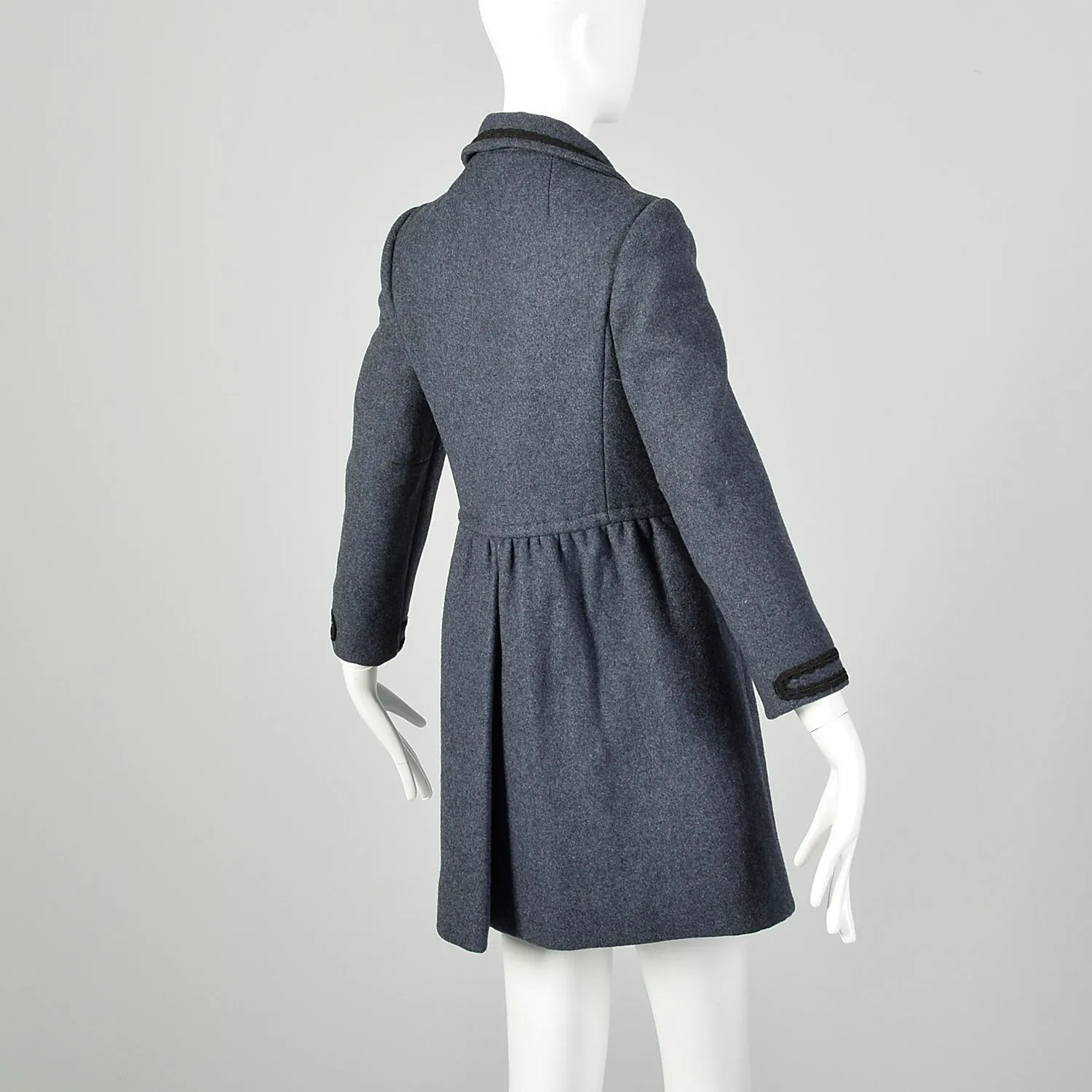 XXS 1960s Coat Blue Wool Babydoll Mod Black Military Trim Winter Heavyweight Winter Coat