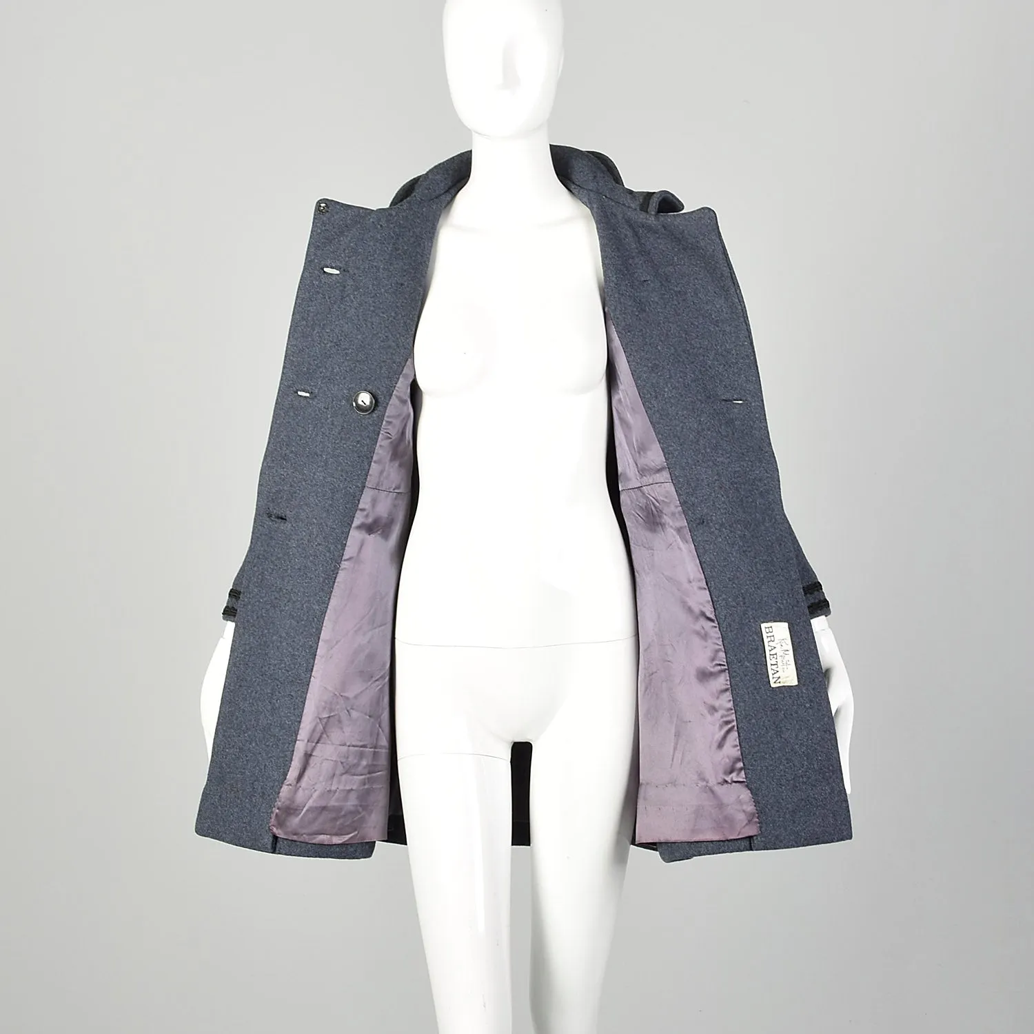 XXS 1960s Coat Blue Wool Babydoll Mod Black Military Trim Winter Heavyweight Winter Coat