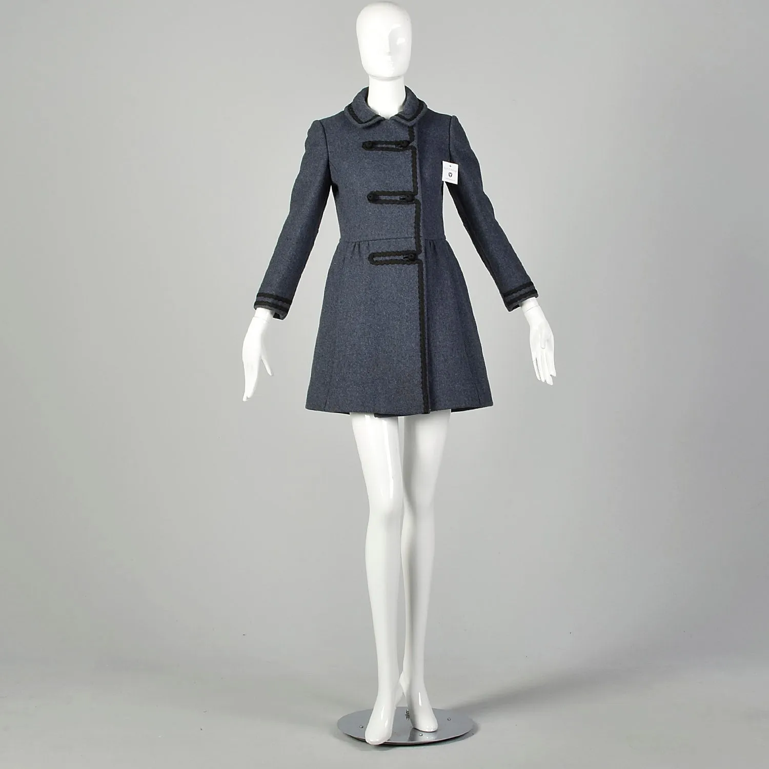XXS 1960s Coat Blue Wool Babydoll Mod Black Military Trim Winter Heavyweight Winter Coat