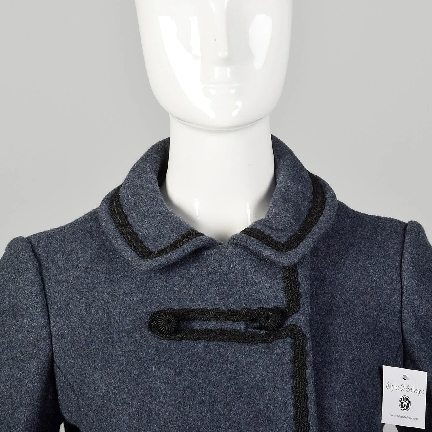 XXS 1960s Coat Blue Wool Babydoll Mod Black Military Trim Winter Heavyweight Winter Coat